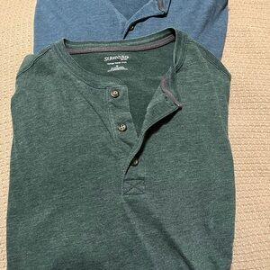 Men’s St. John's Bay Dark Green and Blue Casual 3 Button Henley Shirts—Size XL